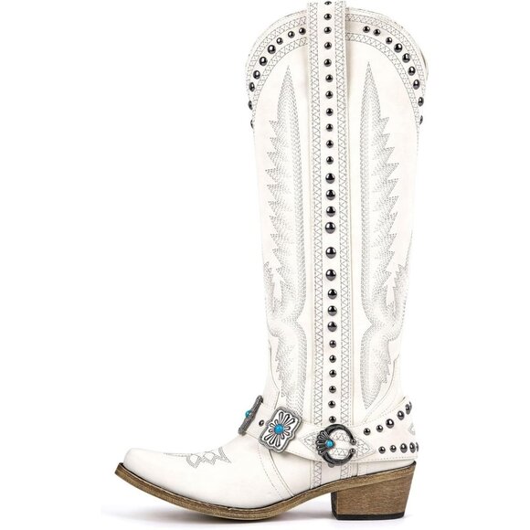 Women's White Knee High Western Cowgirl Boots with Embroidery Belt Buckle - Picture 2 of 5